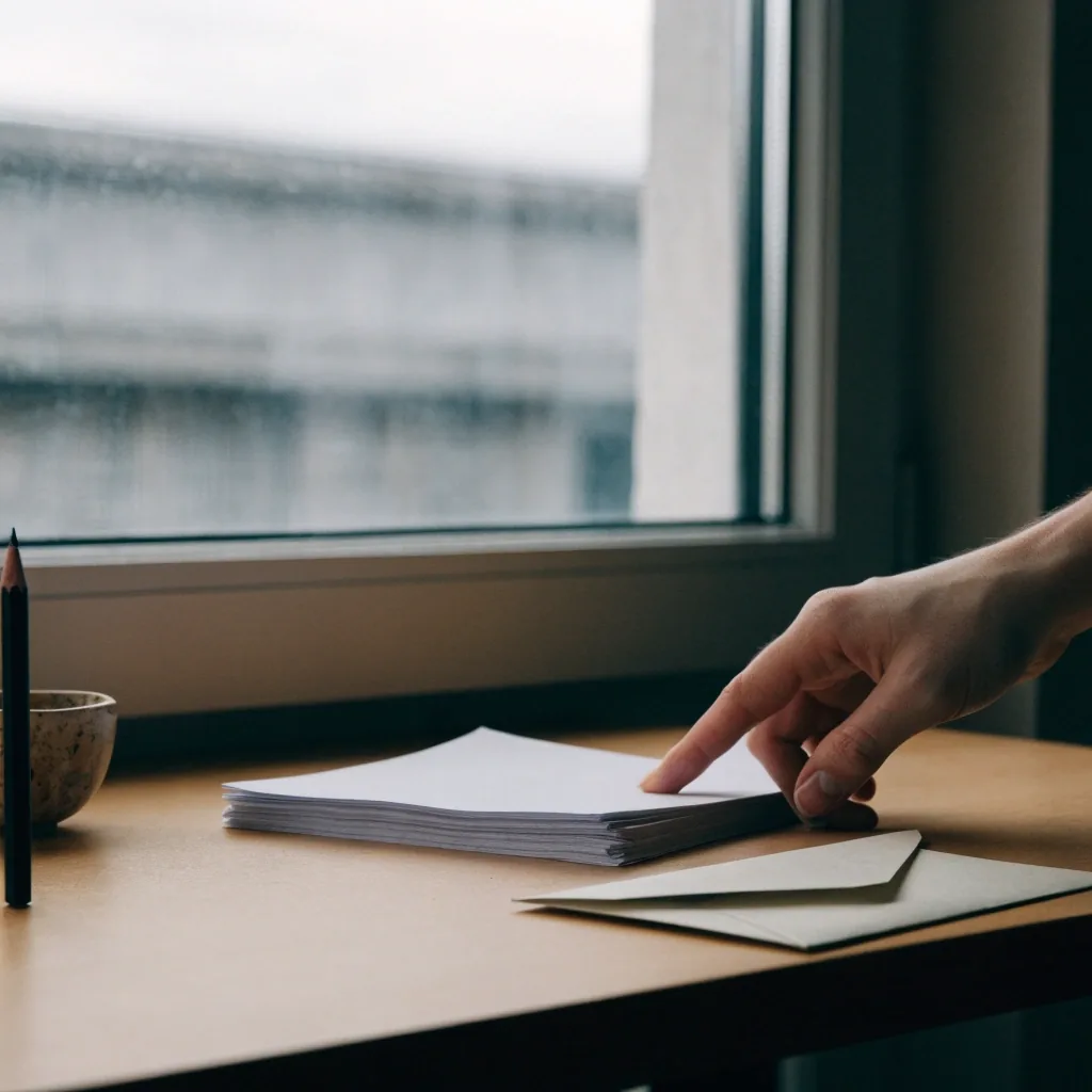 A hand sorting a short stack of loose papers and a closed envelope on a plain wooden table beside a window