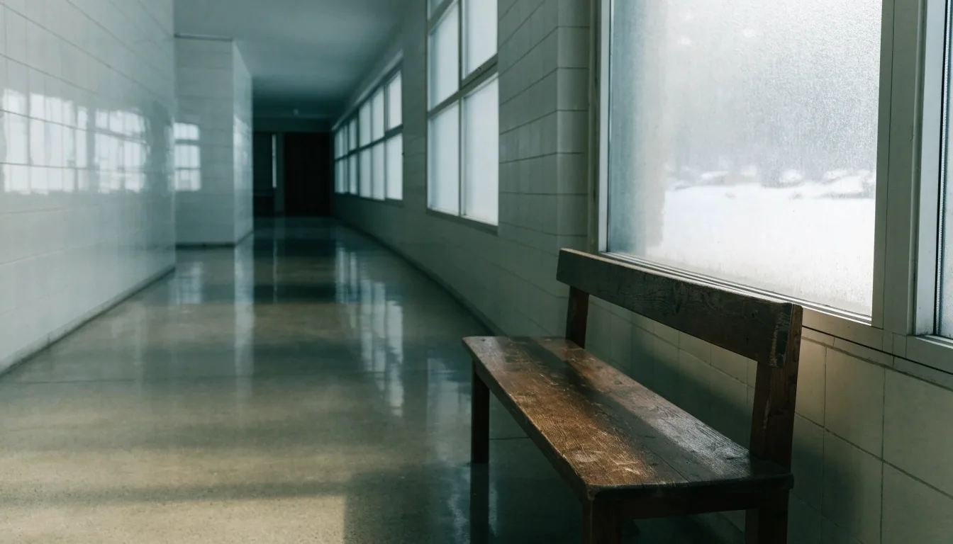 A quiet tiled corridor in a Finnish public building with soft window light along the wall