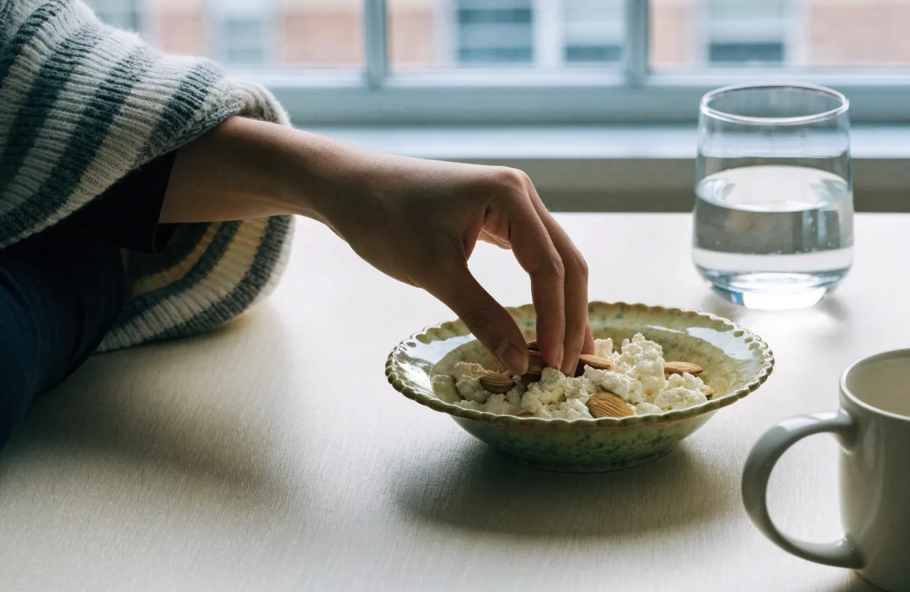 A simple high-protein snack setup of skyr, cottage cheese and almonds on a desk