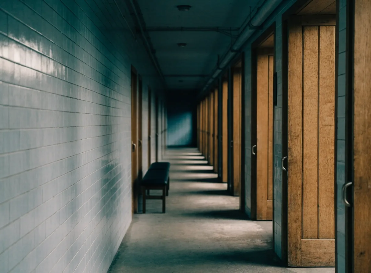 An empty tiled corridor with doors on both sides and daylight pooled on the floor