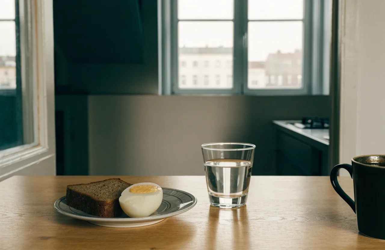 A light evening supper of rye bread and water on a plain Finnish kitchen table